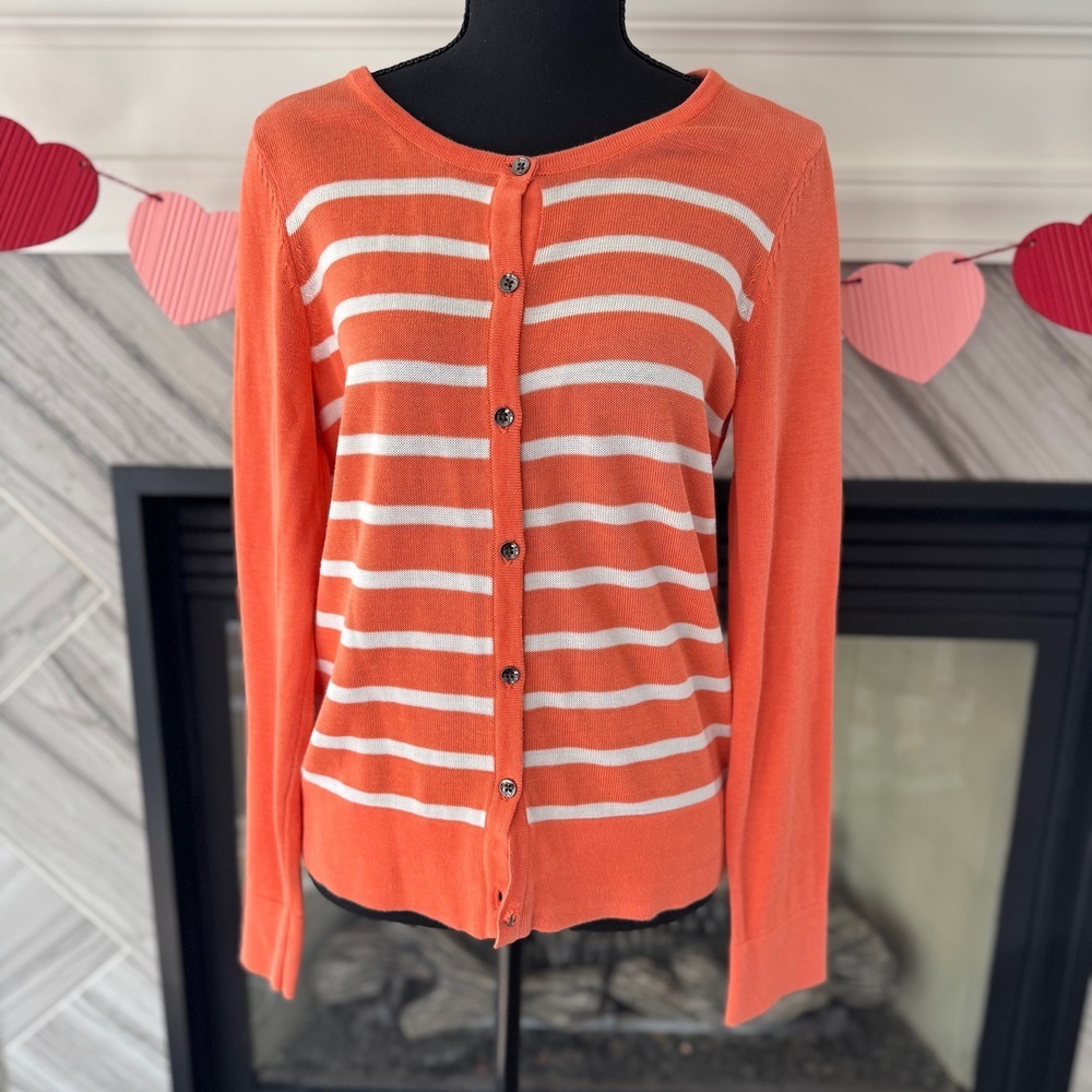 Lole Striped Cardigan Button Front Knit Sweater Orange‎ White Medium